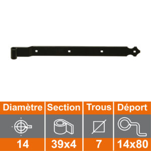 Straight strap hinge  - scalloped end - Ø14 - 39x3.7 - 7.5 mm square holes - 14x60 offset
