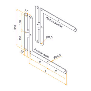 Set of 2 angle T strap hinges - round end - Ø10 - H.350 - 34x4.5 - 7.5 mm square holes